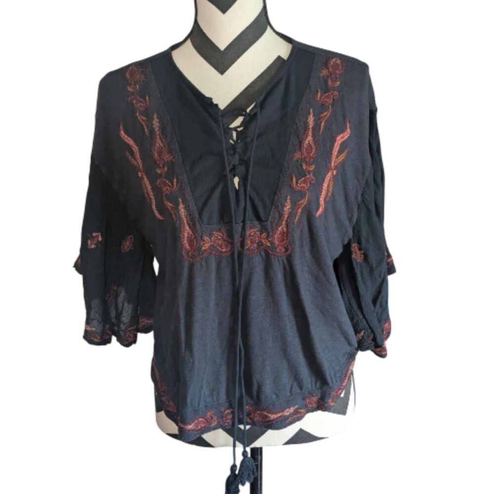 Lucky Brand Embroidered Lace-Up Peasant Top Blouse S Boho